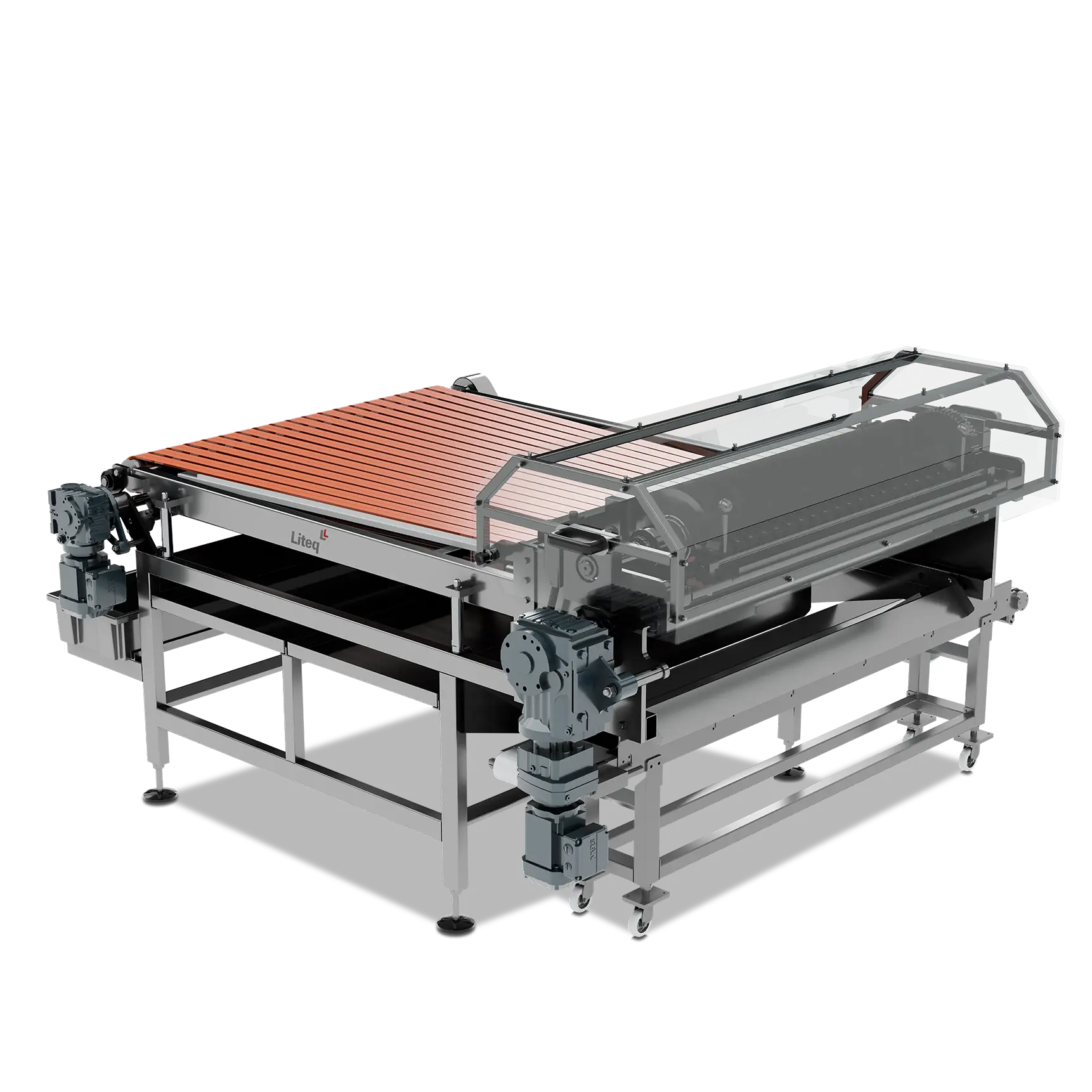 Liteq Extending Table with orange belt for sorting products after length cutting