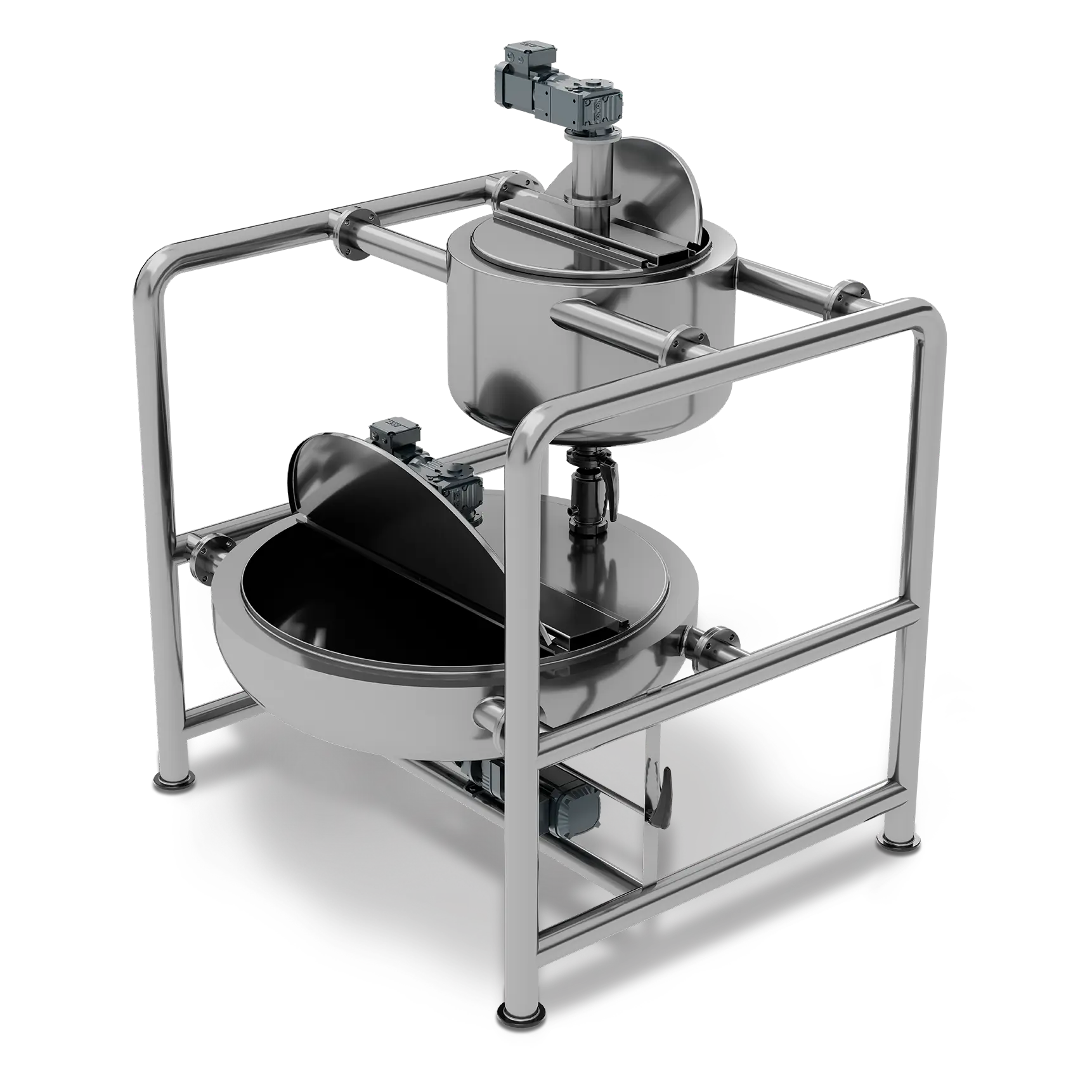 Cozinha-1722×1722 Misturador industrial Liteq em aço inoxidável com estrutura de suporte e motores acoplados.