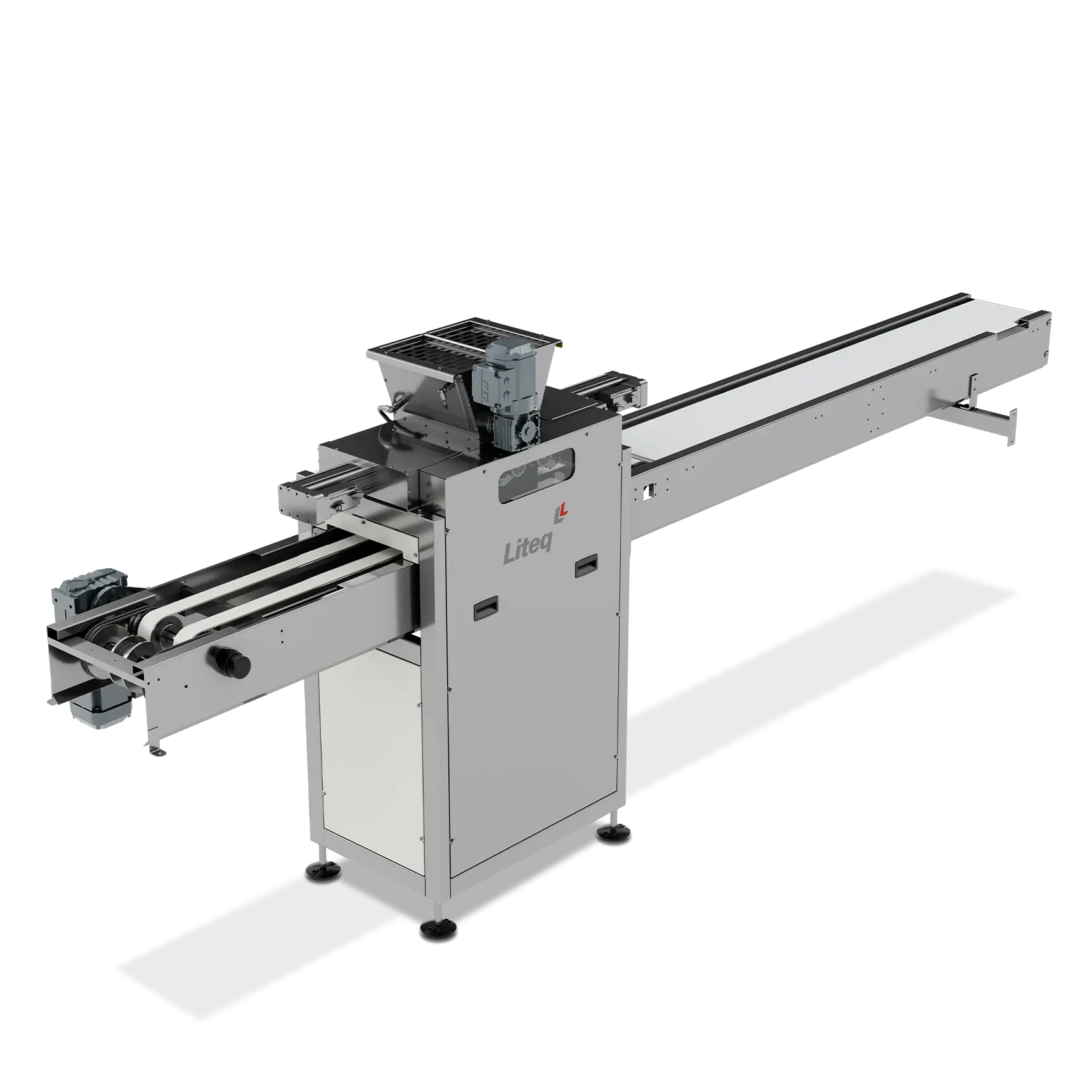 Liteq industrial machine with metal frame, belt conveyor and enclosed processing compartment.