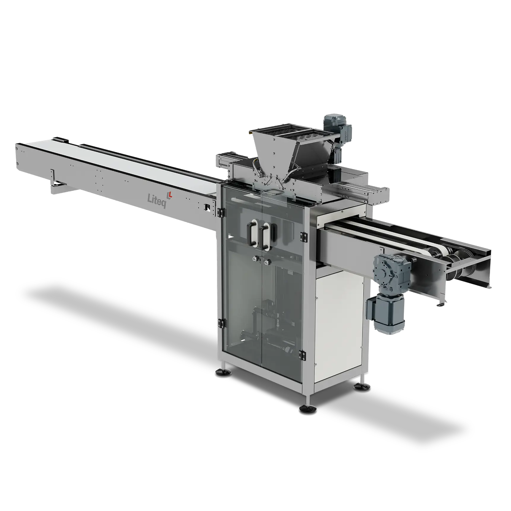 Dosador-Pistao-1722×1722 Máquina industrial Liteq com estrutura metálica, transportador de correia e compartimento de processamento fechado.