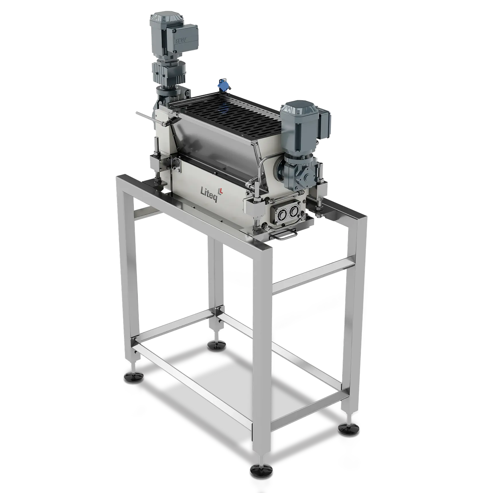 Equipamento industrial Liteq com estrutura metálica elevada e dois motores acoplados, utilizado para processos industriais.