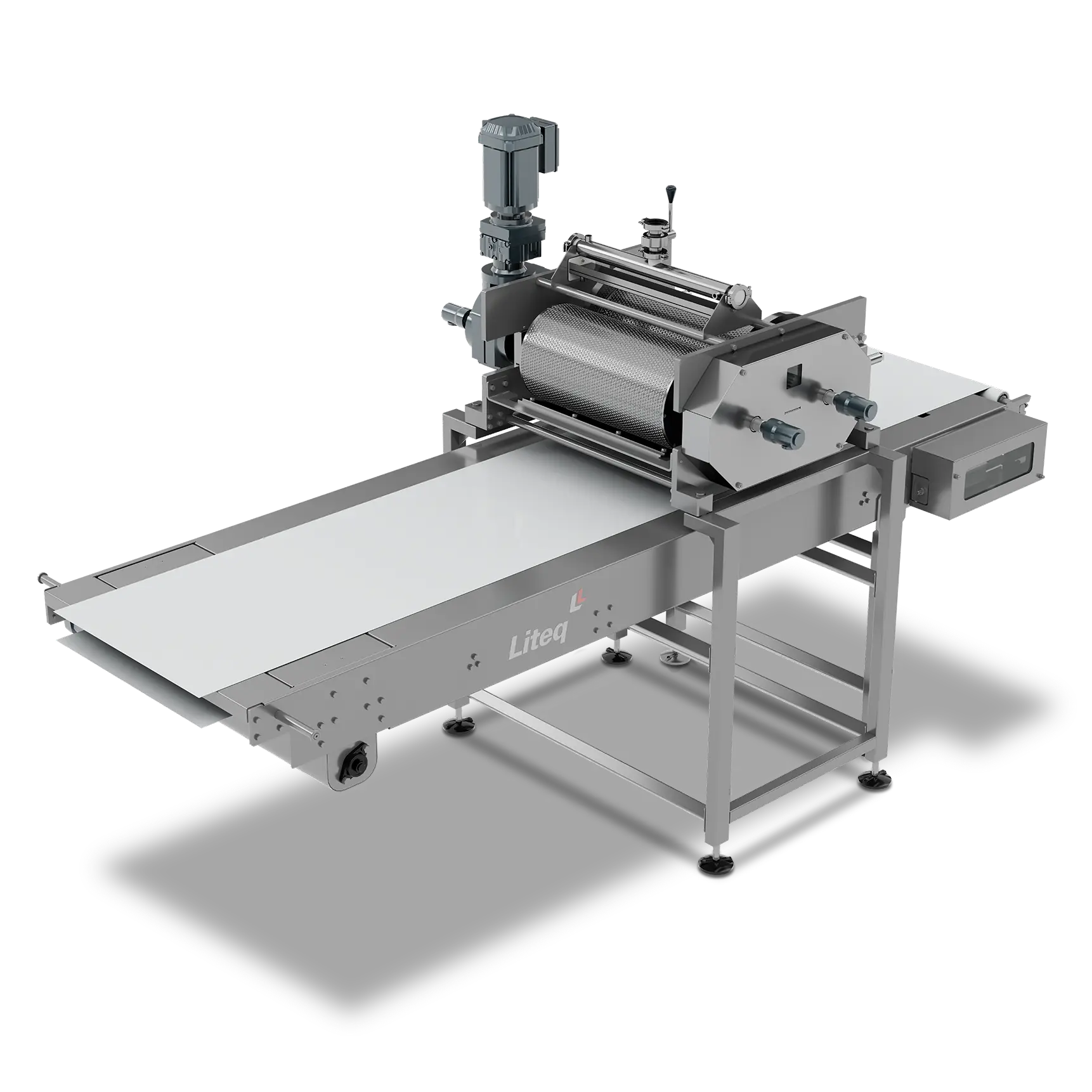 Formador-Lentilhas-1722×1722 Máquina industrial Liteq com rolo texturizado e esteira transportadora.