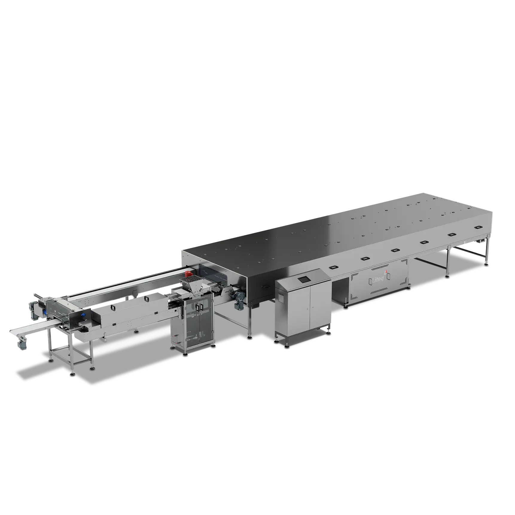 T-Mold-1722×1722 Sistema de linha de produção Liteq com esteira transportadora e câmara de processamento.